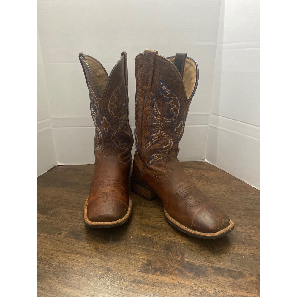 Ariat Mens Sport Western Boots Brown Leather Square Toe Blue Stitching Sz 10.5 D